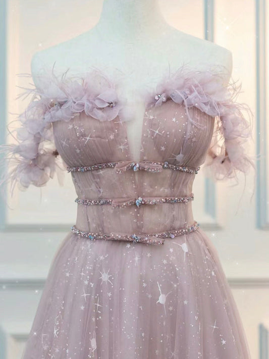 Embellished A-Line  Off Shoulder Tulle Lace Pink Dress