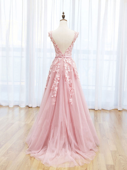 A-Line Lace Pink floral Dress