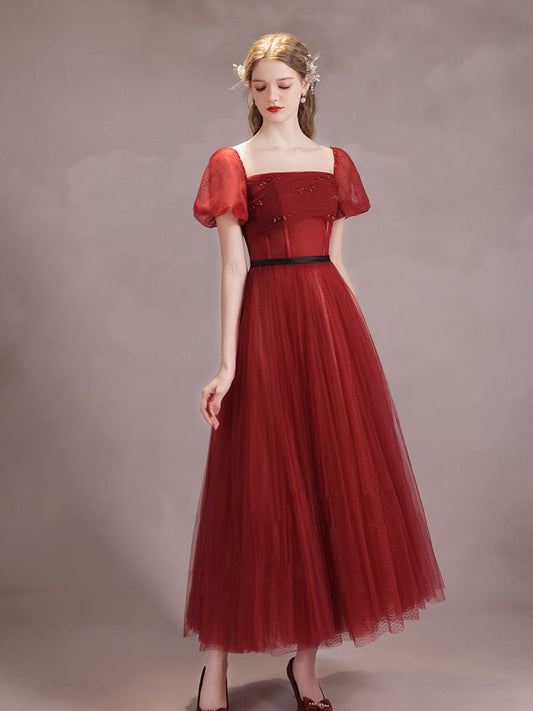 A-Line Burgundy Tulle Tea Dress