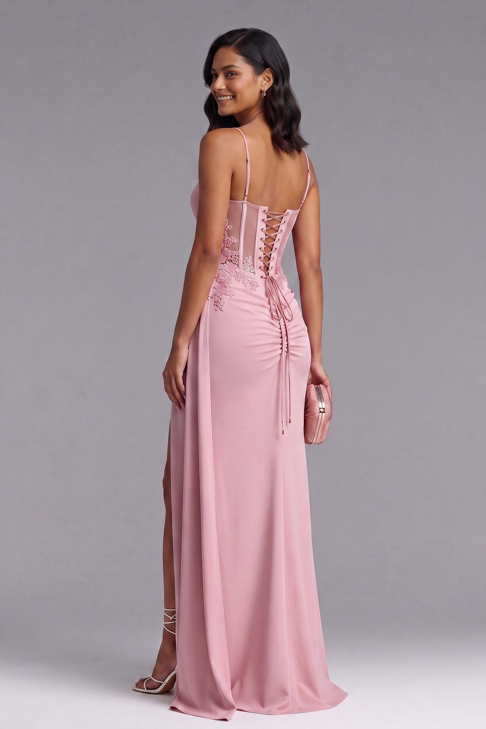 Pink Corset Gown with Lace Waist Detail Premium Fabric - product view 2
