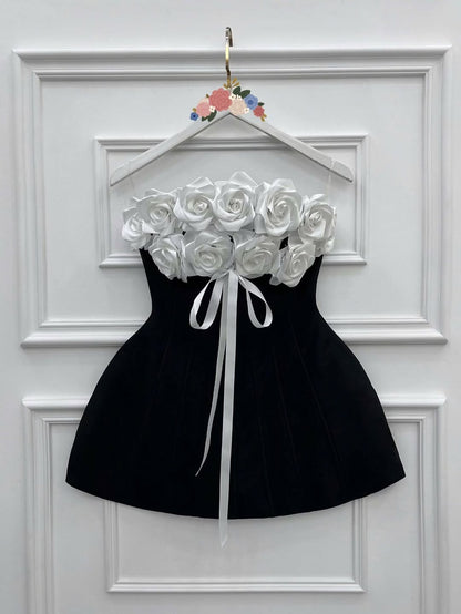 gladys Strapless 3d Floral Corset A-Line Dress in black