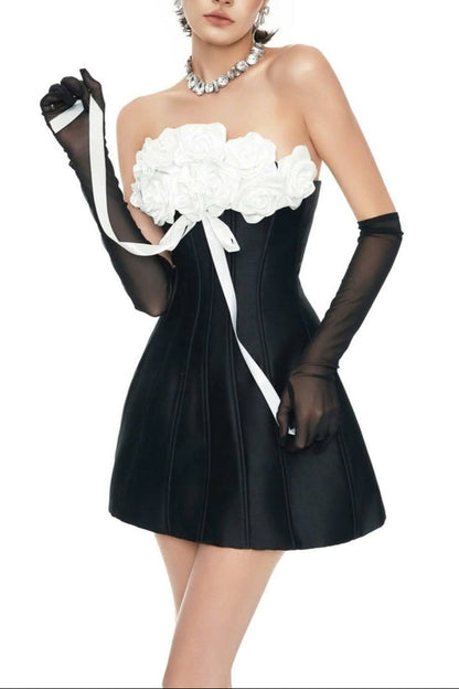 gladys Strapless 3d Floral Corset A-Line Dress in black