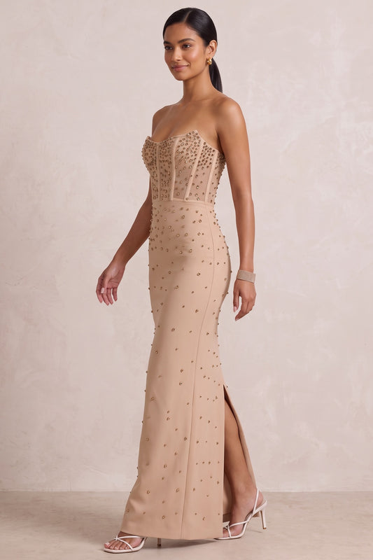 Beige Strapless Studded Maxi Gown Premium Fabric - product view 1