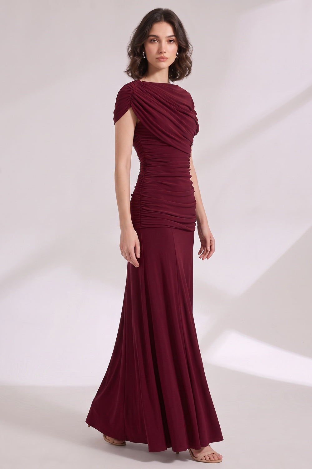 Burgundy Stretch Jersey Fitted Bodice with Flared Skirt Gown burgundy stretch jersey gown - product view 3