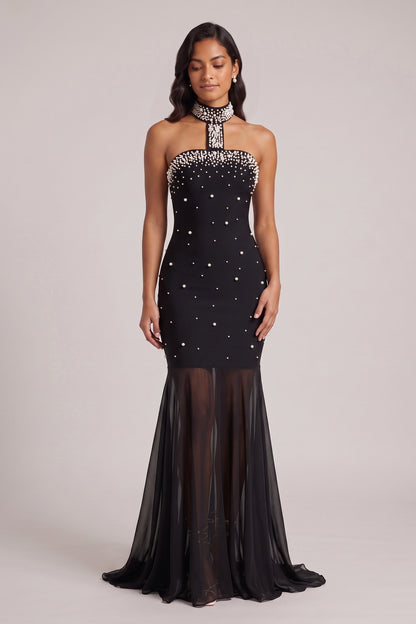 Black Pearl-Embellished Halter Mermaid Gown Premium Fabric - product view 1