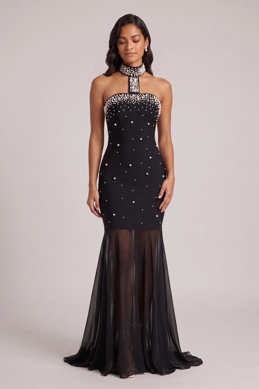 Black Pearl-Embellished Halter Mermaid Gown Premium Fabric - product view 1