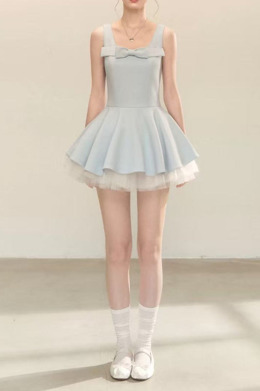 spliced mesh puffy mini dress