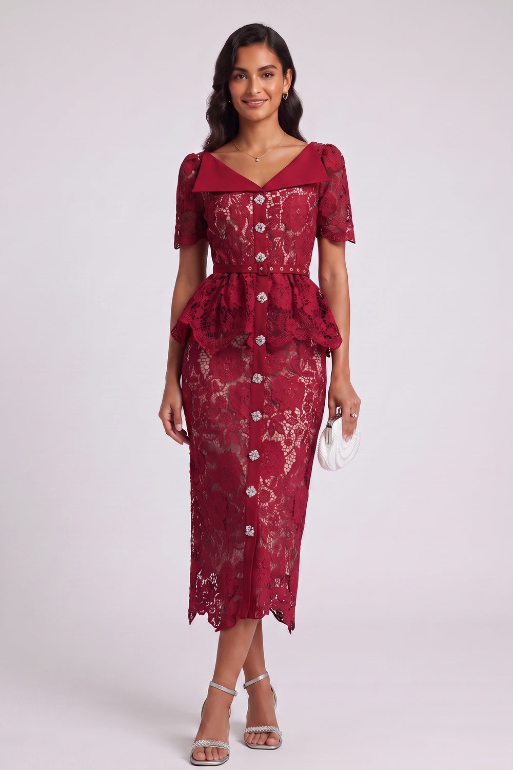 Dark Red Corded Floral Lace Sheath with Peplum Dress dark red corded floral lace dress - product view 2