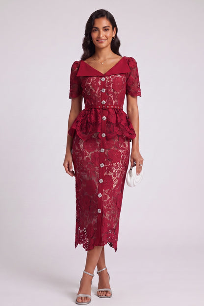 Dark Red Corded Floral Lace Sheath with Peplum Dress dark red corded floral lace dress - product view 2