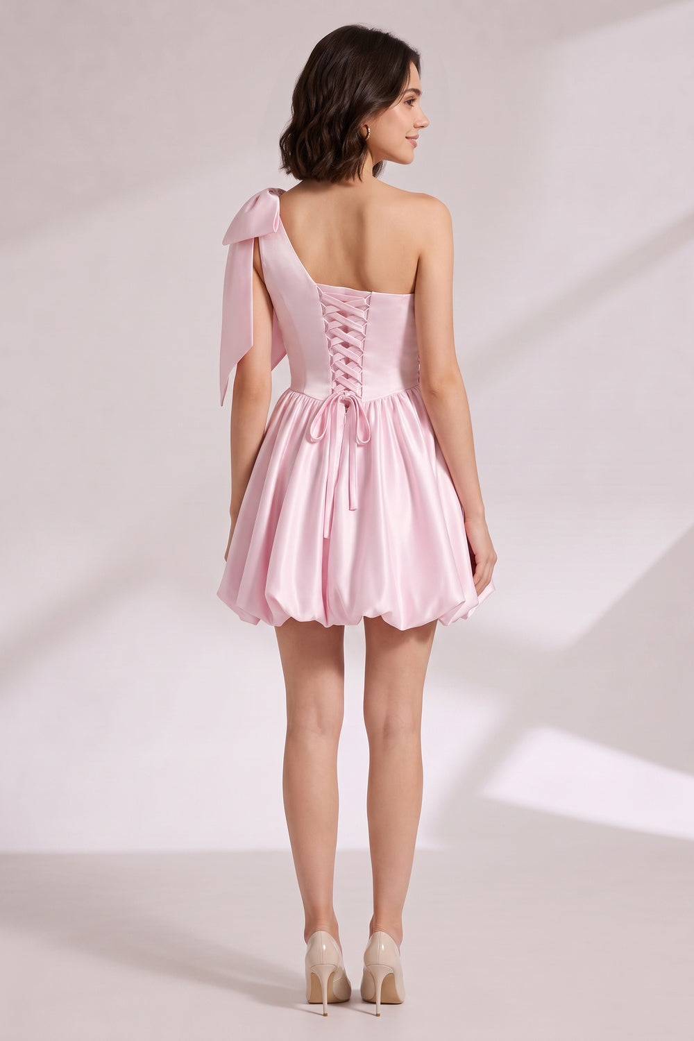 Light Pink One-Shoulder Mini Dress with Bow Detail Premium Fabric - product view 2