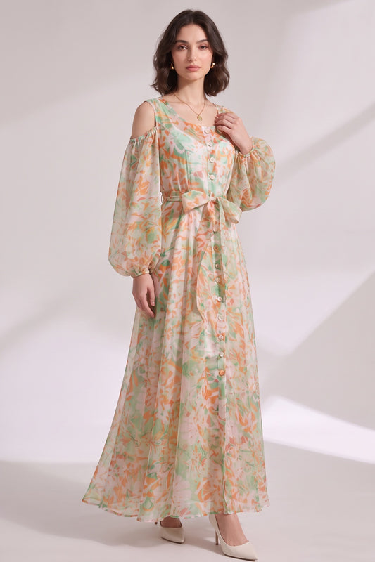 White Sheer Chiffon A-Line Flowy Maxi Dress with Cold-Shoulder Balloon Sleeves white sheer chiffon maxi dress - product view 2