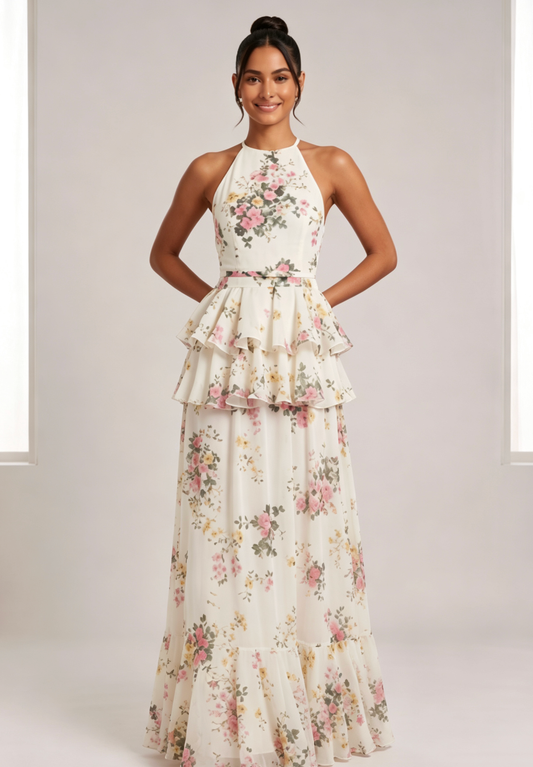 Ivory Chiffon Halter Gown with Tiered Peplum