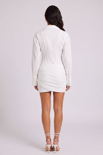 White Long Sleeve Corset Shirt Twist Wrap Mini Dress
