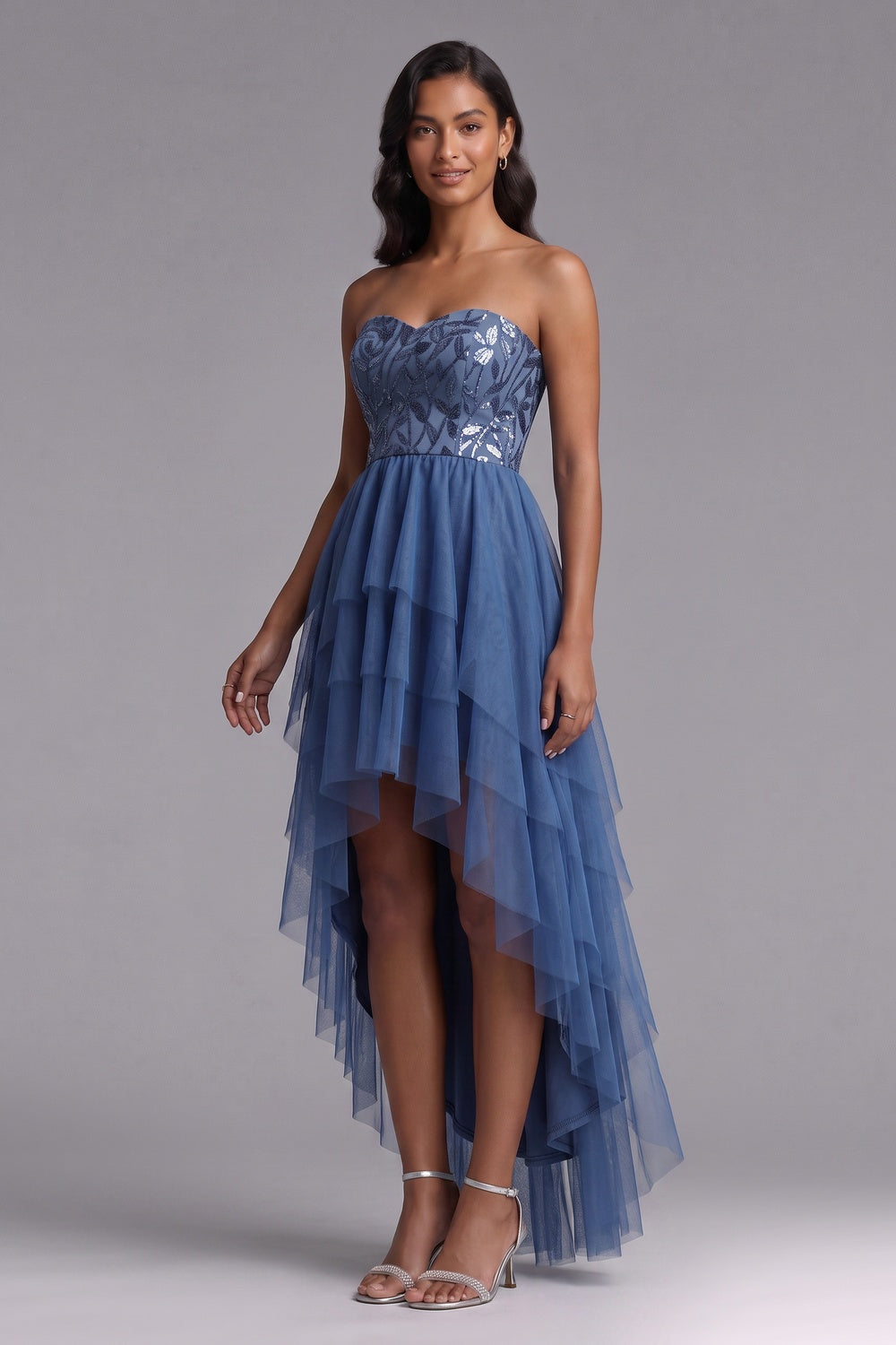 slate blue tulle high-low A-line dress slate blue tulle dress - product view 3