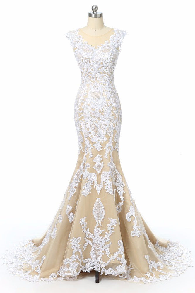 champagne tulle lace prom dress