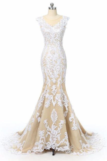 champagne tulle lace prom dress