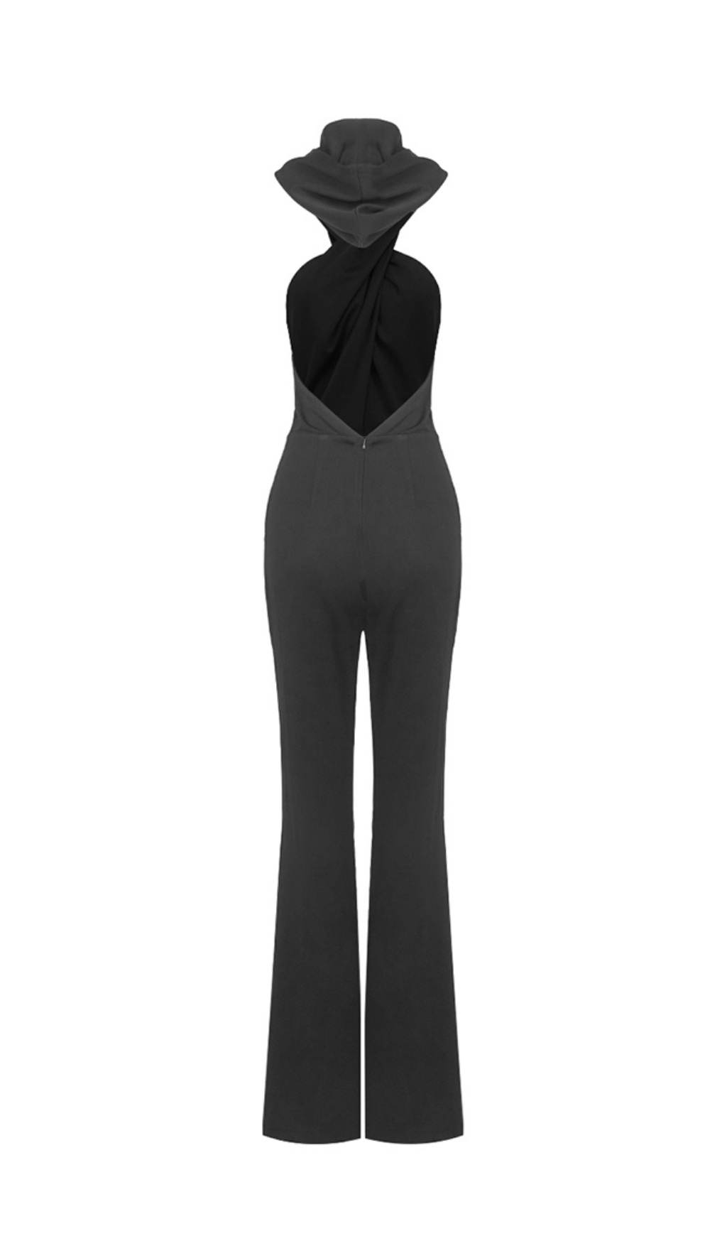BLACK BACKLESS HOODED JUMPSUIT WITH SLIP POCKETS