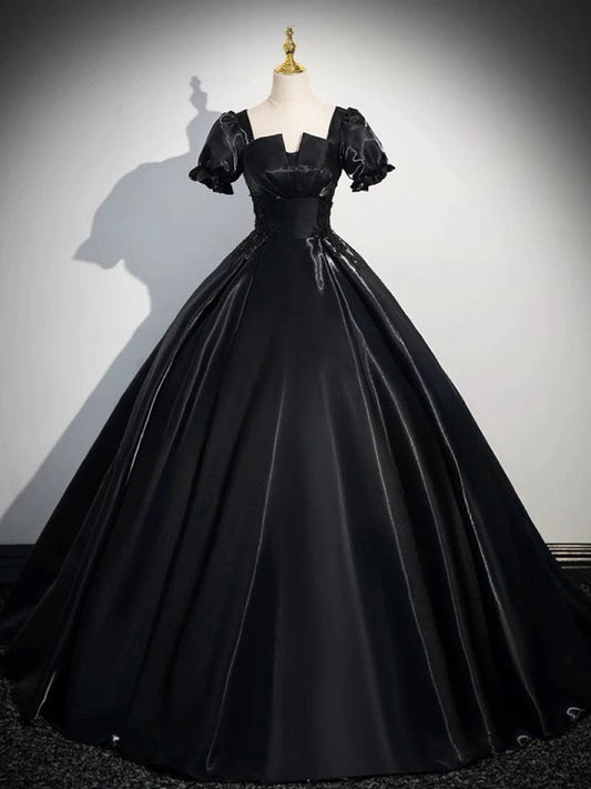 A-Line Short sleeve Satin Black Prom Dress