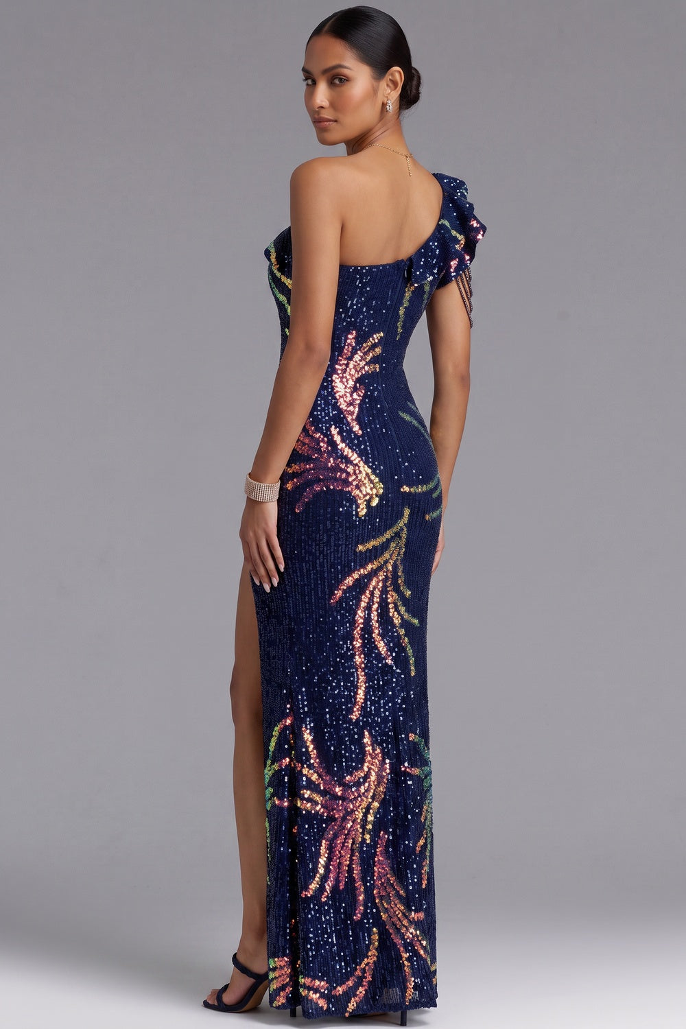 Navy Blue One-Shoulder Sequin Maxi Gown Premium Fabric - product view 1
