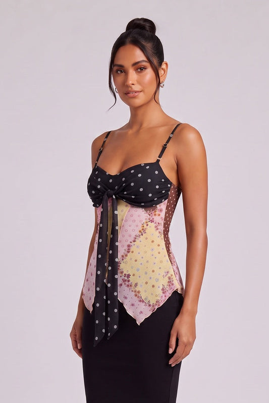 Black Sheer Chiffon Fitted Bodice with Asymmetrical Handkerchief Hem Camisole Top black, pink, yellow, brown sheer chiffon camisole top - product view 3