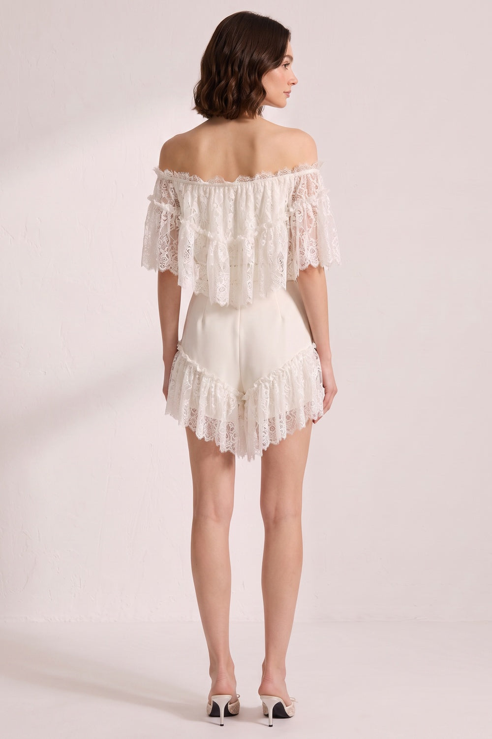 Off Shoulder Ruffled Lace Satin Bow Two Piece Short Set
