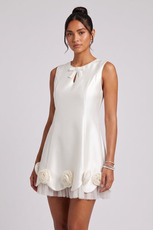 White Mini Dress with Rose Appliqués and Bow Detail Premium Fabric - product view 1