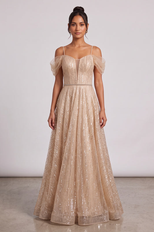 champagne gold glitter tulle a-line evening gown champagne gold glitter tulle evening gown - product view 3