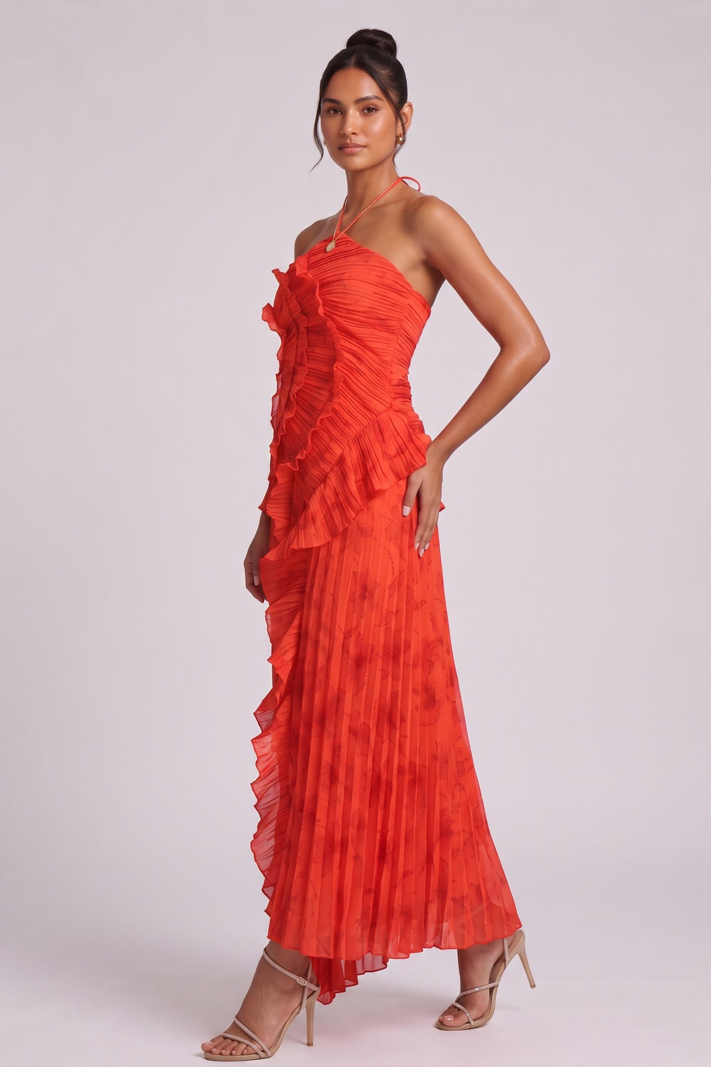 Red Chiffon A-Line Maxi Dress with Cascading Ruffles red chiffon dress - product view 2