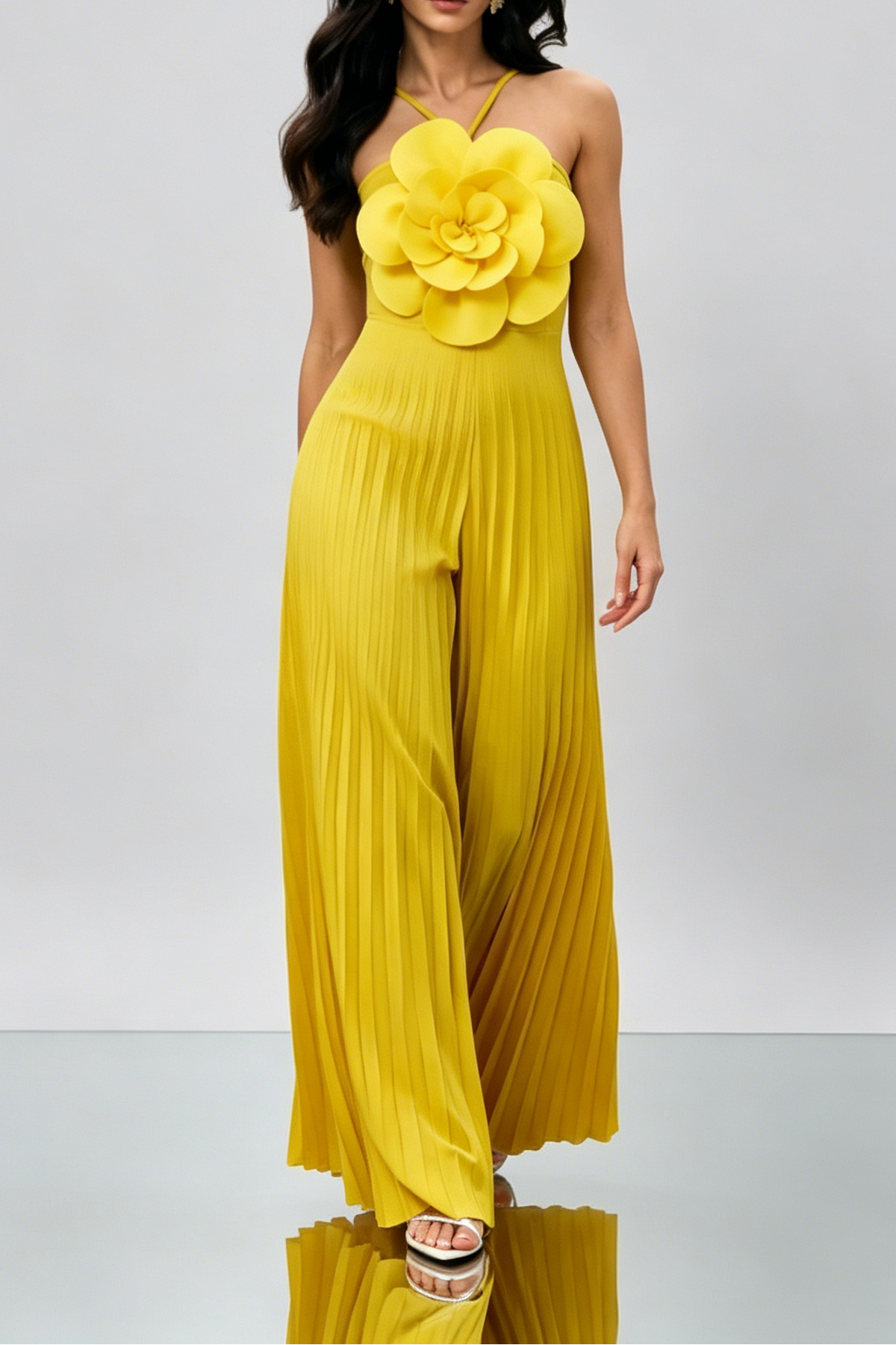 Bright Yellow 3D Floral Halter Pleated Wide Leg Jumpsuit