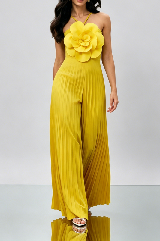 Bright Yellow 3D Floral Halter Pleated Wide Leg Jumpsuit