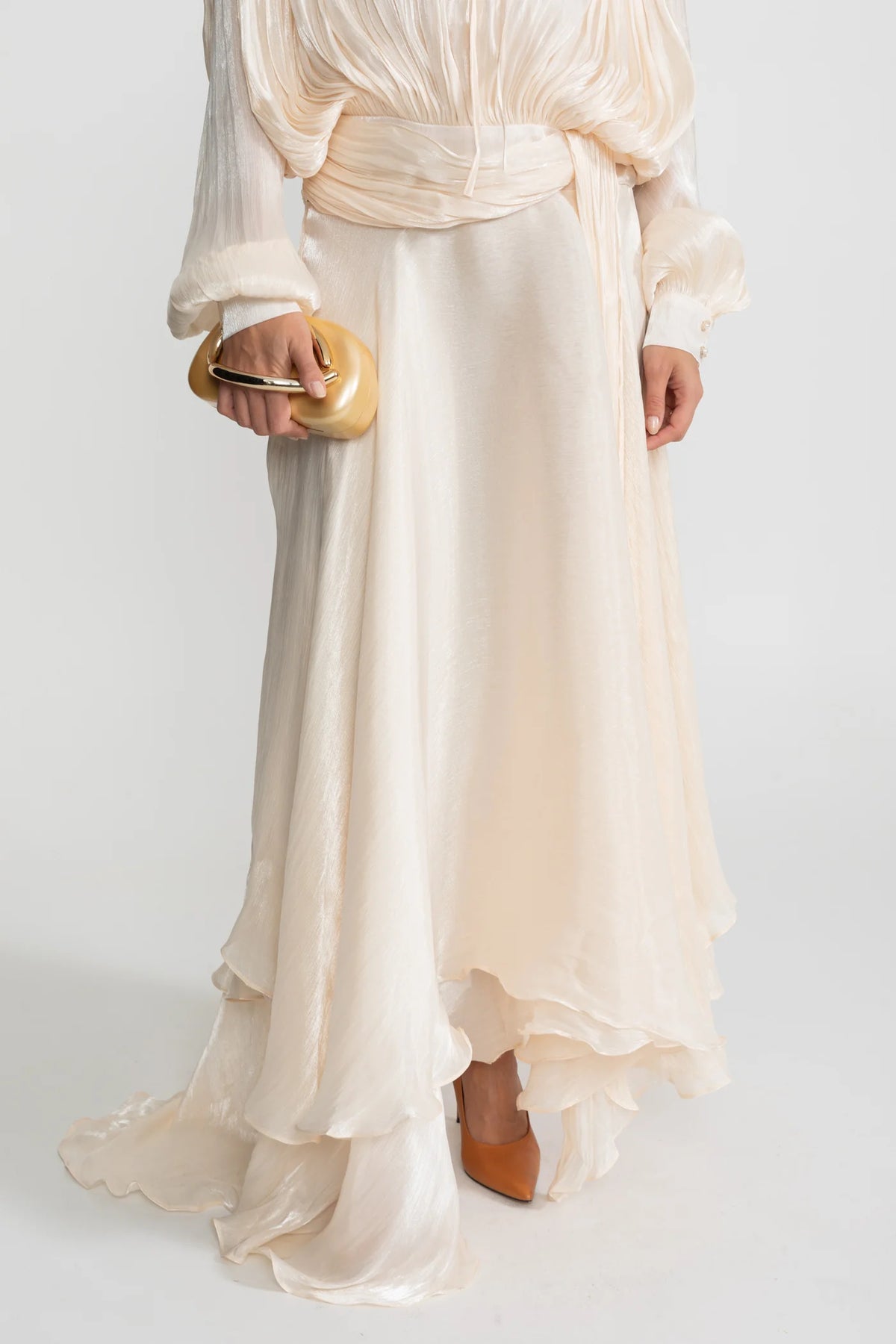 ivory Pleated Bodice Draped puff sleeve Maxi Dress