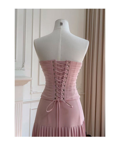 Cape Bow Pearl Corset Pleated Maxi Dress