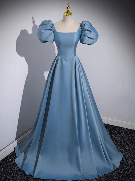 A-Line Satin Blue Long Prom Dress