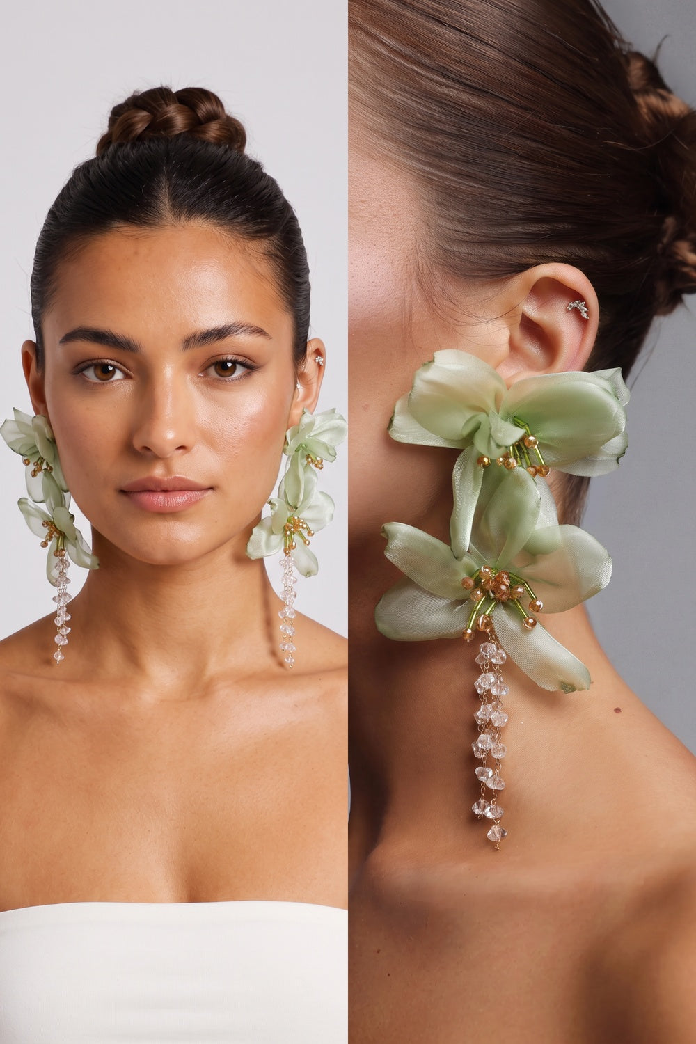 Light Green Organza Floral Crystal Tassel Drop Earrings