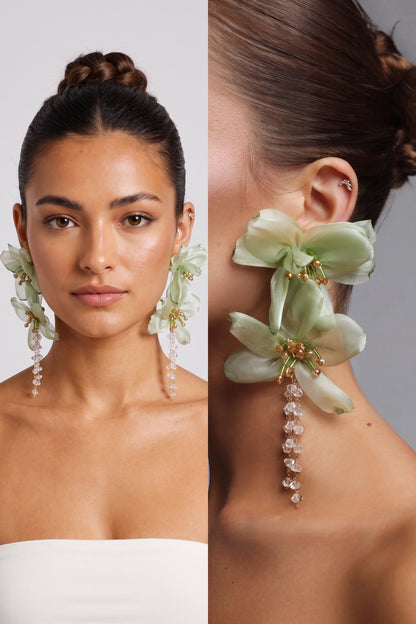 Light Green Organza Floral Crystal Tassel Drop Earrings