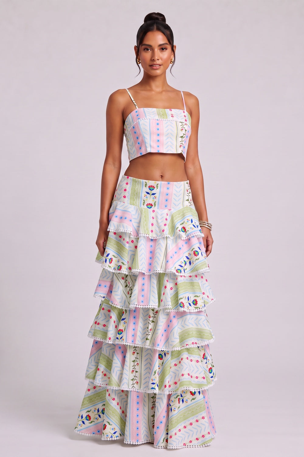 Two-Piece Set with Tiered Maxi Skirt and Pom-Pom Trim Premium Fabric - product view 2