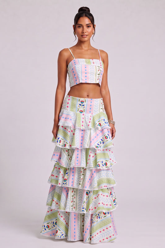 Two-Piece Set with Tiered Maxi Skirt and Pom-Pom Trim Premium Fabric - product view 2