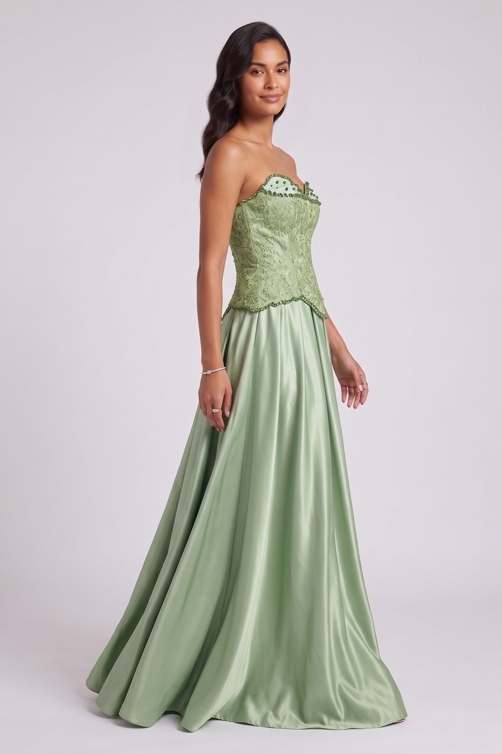Sage Green Strapless Floor-Length Gown with Embellished Bodice Premium Fabric - product view 4