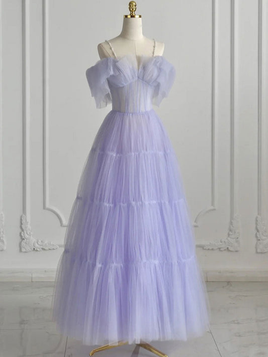 Purple tulle maxi prom dress