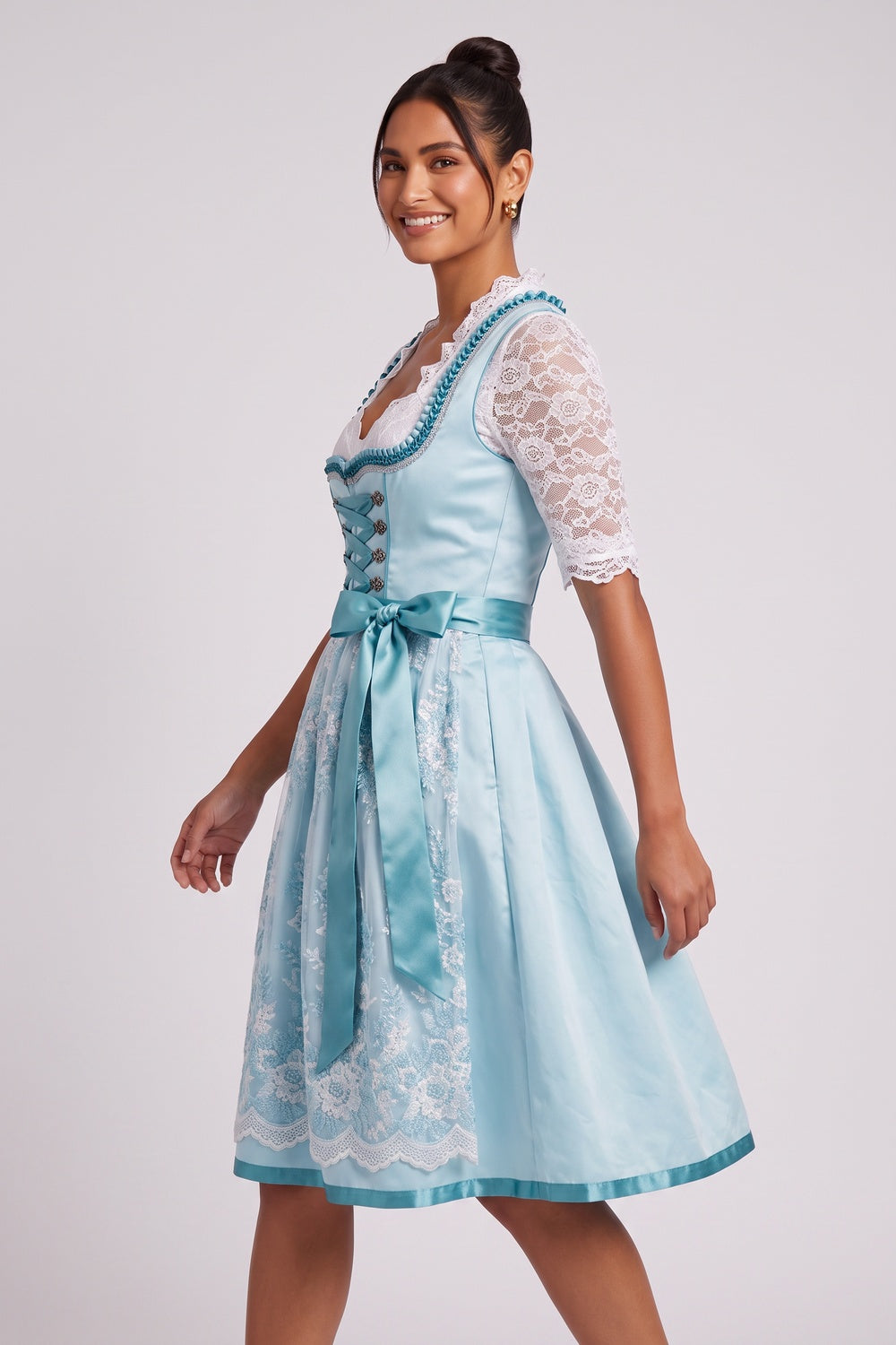light blue satin-finish polyester or taffeta fit-and-flare dirndl set light blue, aqua satin-finish polyester or taffeta dirndl set - product view 3