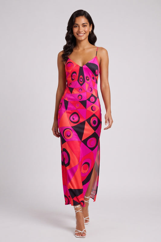 hot pink satin column slip dress hot pink, magenta satin dress - product view 1