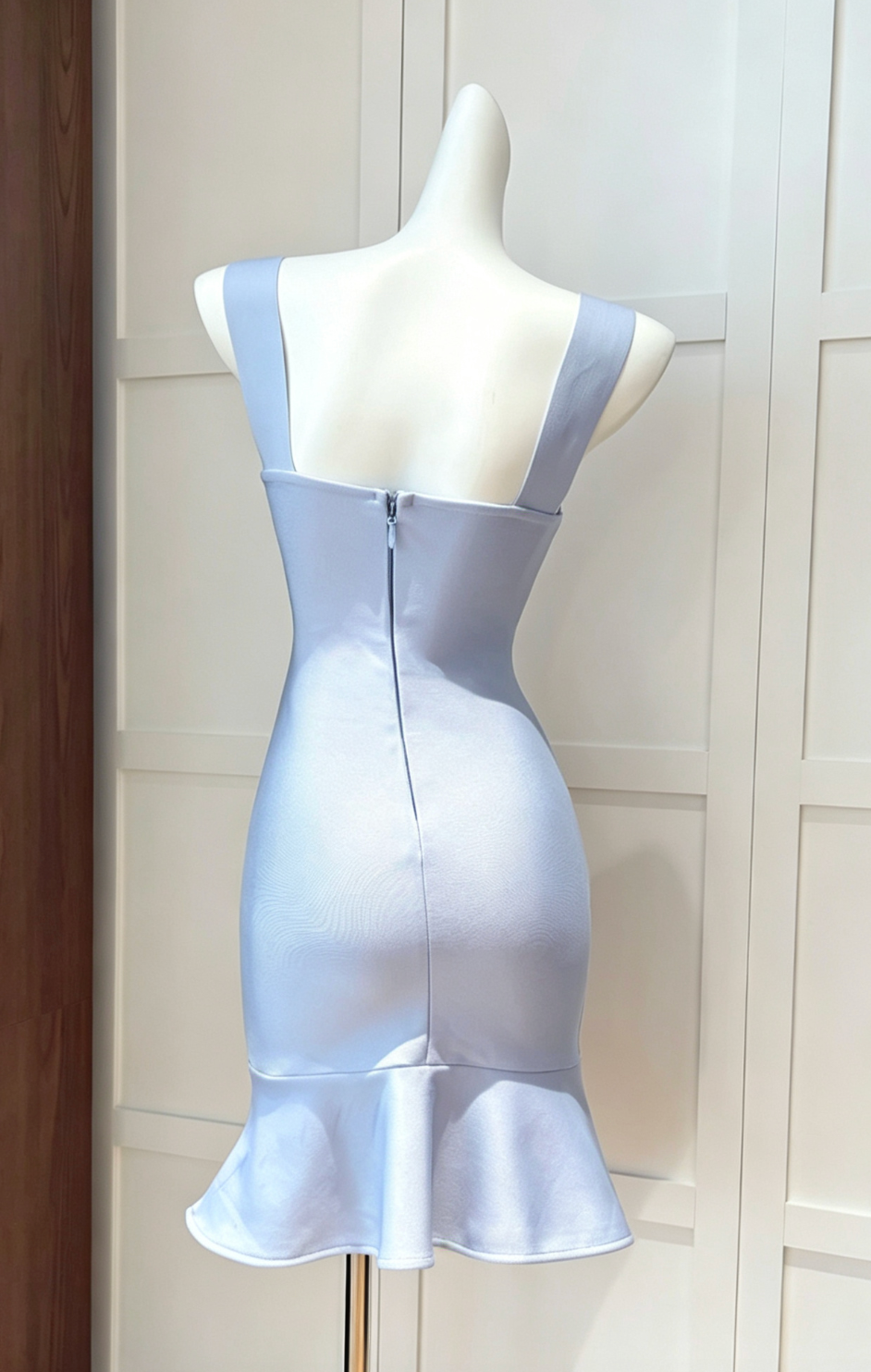 light blue heavy structured knit bodycon with ruffled hem dress