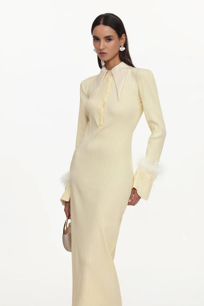 irma yellow Long Sleeve Feather Knit Maxi Dress