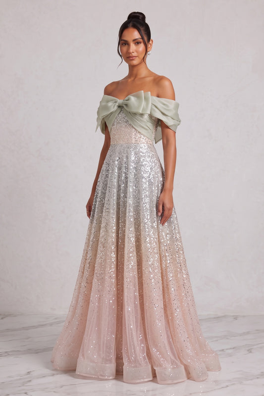 silver sequined tulle a-line gown silver, champagne, pale pink sequined tulle gown - product view 3