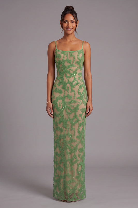 green lace column gown green lace gown - product view 2