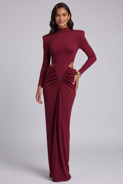 Burgundy Stretch Jersey Column Gown with Structured Shoulders burgundy stretch jersey gown - product view 2