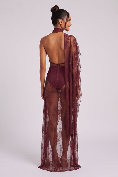 burgundy sheer floral lace asymmetrical column with bodysuit base evening gown burgundy sheer floral lace evening gown - product view 5