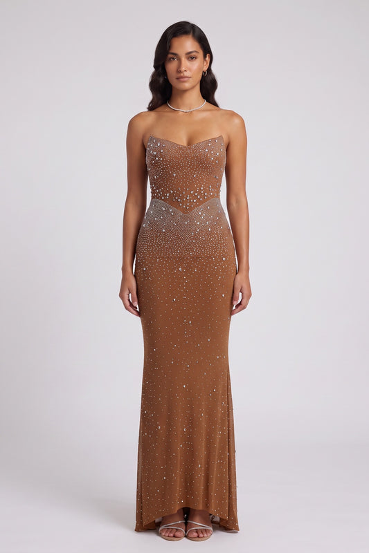 Brown Mesh Fitted Column Gown with Crystal Embellishments brown mesh gown - product view 1