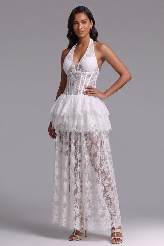 white floral lace corset bodice with tiered peplum and straight skirt dress white floral lace dress - product view 3