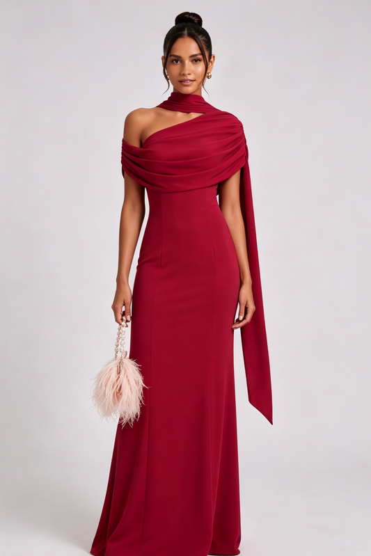 Deep Red Crepe Column Gown